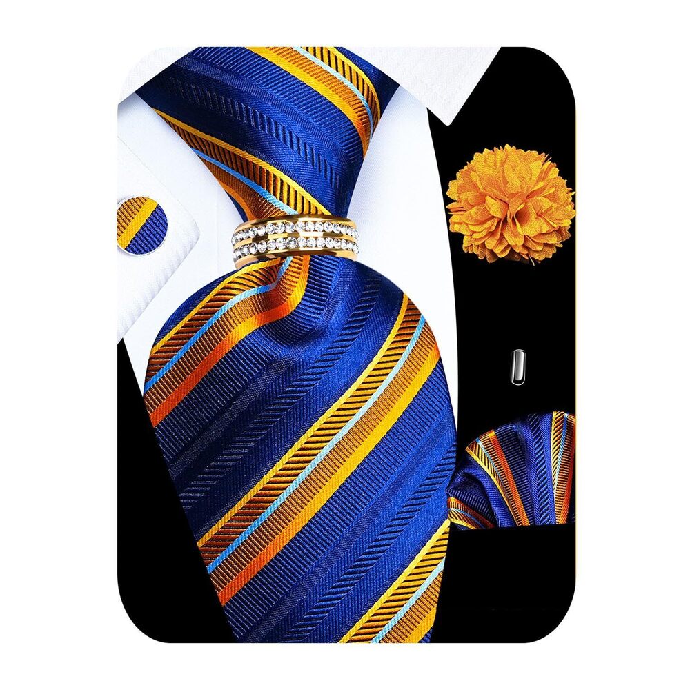 9116 5PCS Blue Striped Silk Tie, Pocket Square, Cufflinks, Drilled Tie Ring